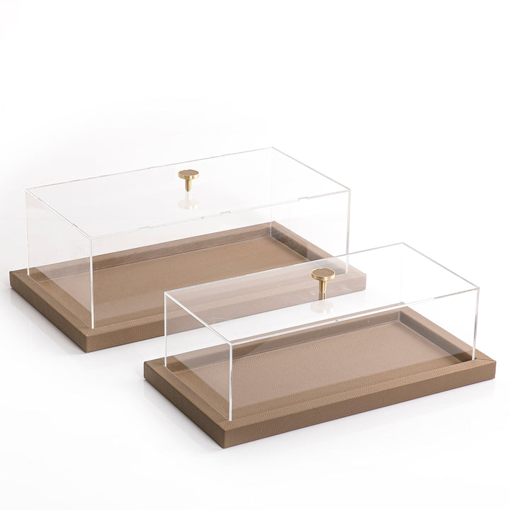 Wooden tray set wrap with light brown leather, with acrylic cover - CASCADES