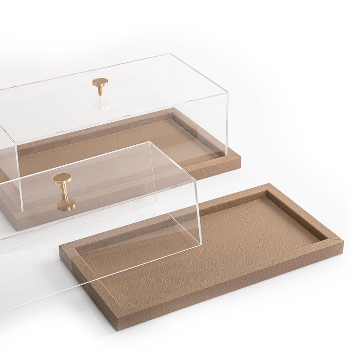 Wooden tray set wrap with light brown leather, with acrylic cover - CASCADES