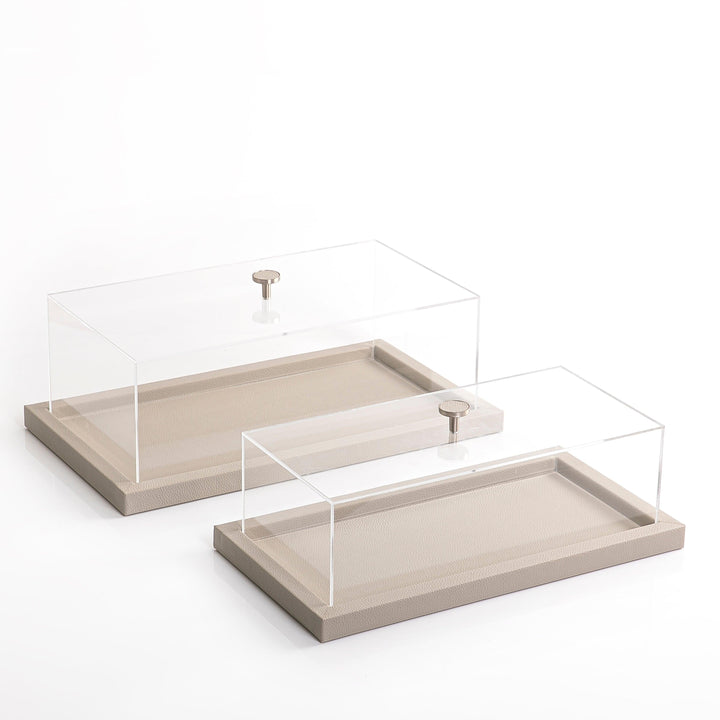 Wooden tray set wrap with light gray leather, with acrylic cover - CASCADES