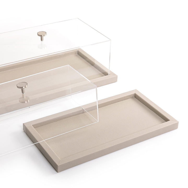 Wooden tray set wrap with light gray leather, with acrylic cover - CASCADES