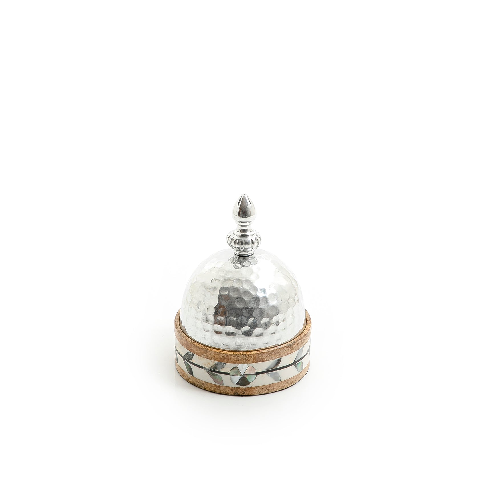 Bowl with metal cover and wooden base with mother of pearl