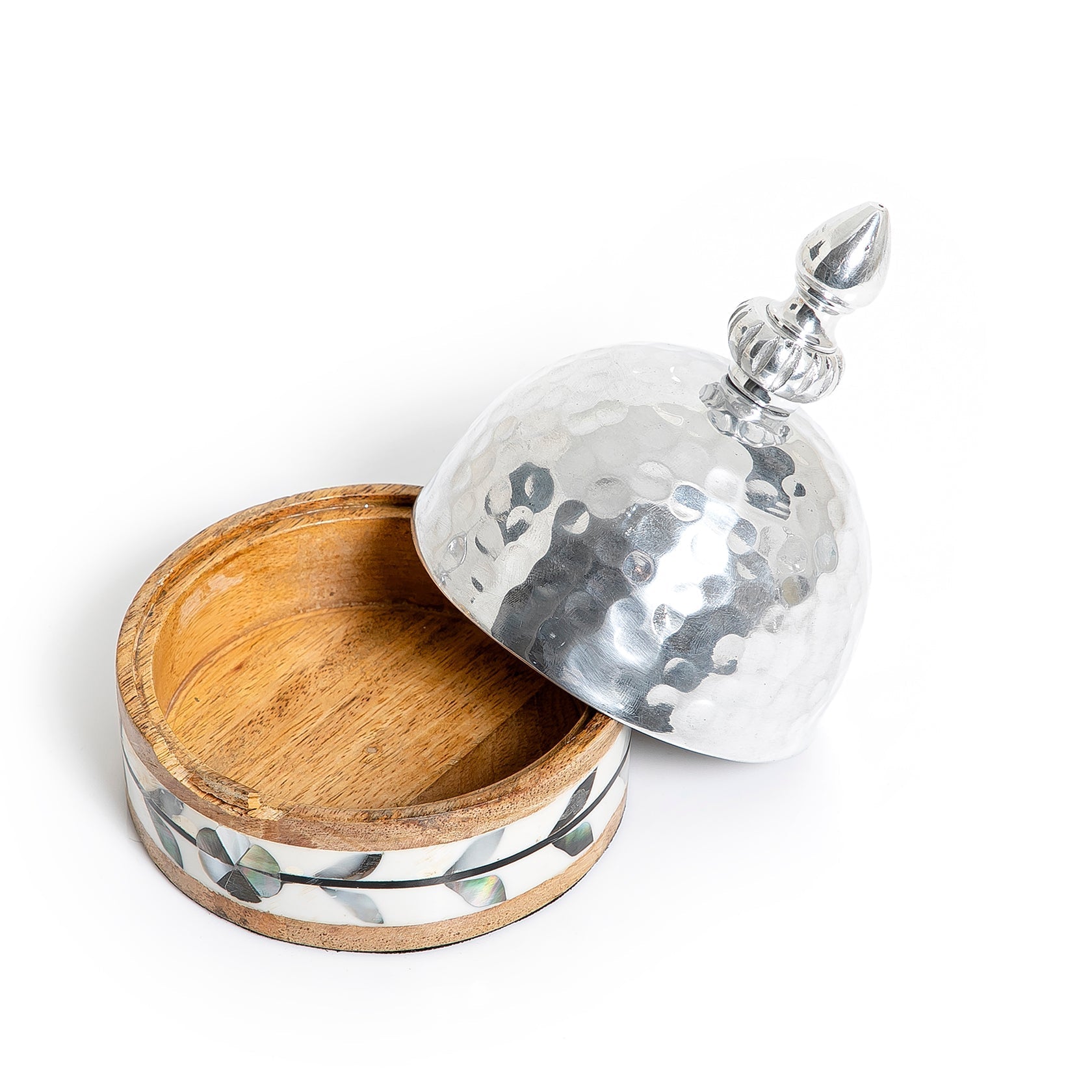 Bowl with metal cover and wooden base with mother of pearl