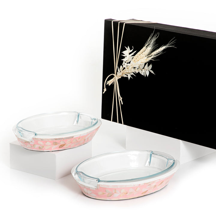 Set of 2 mother of pearl bowls with glass and gift box