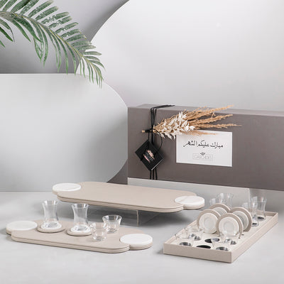 Set of 2 leather trays with cups and coaster with gift box