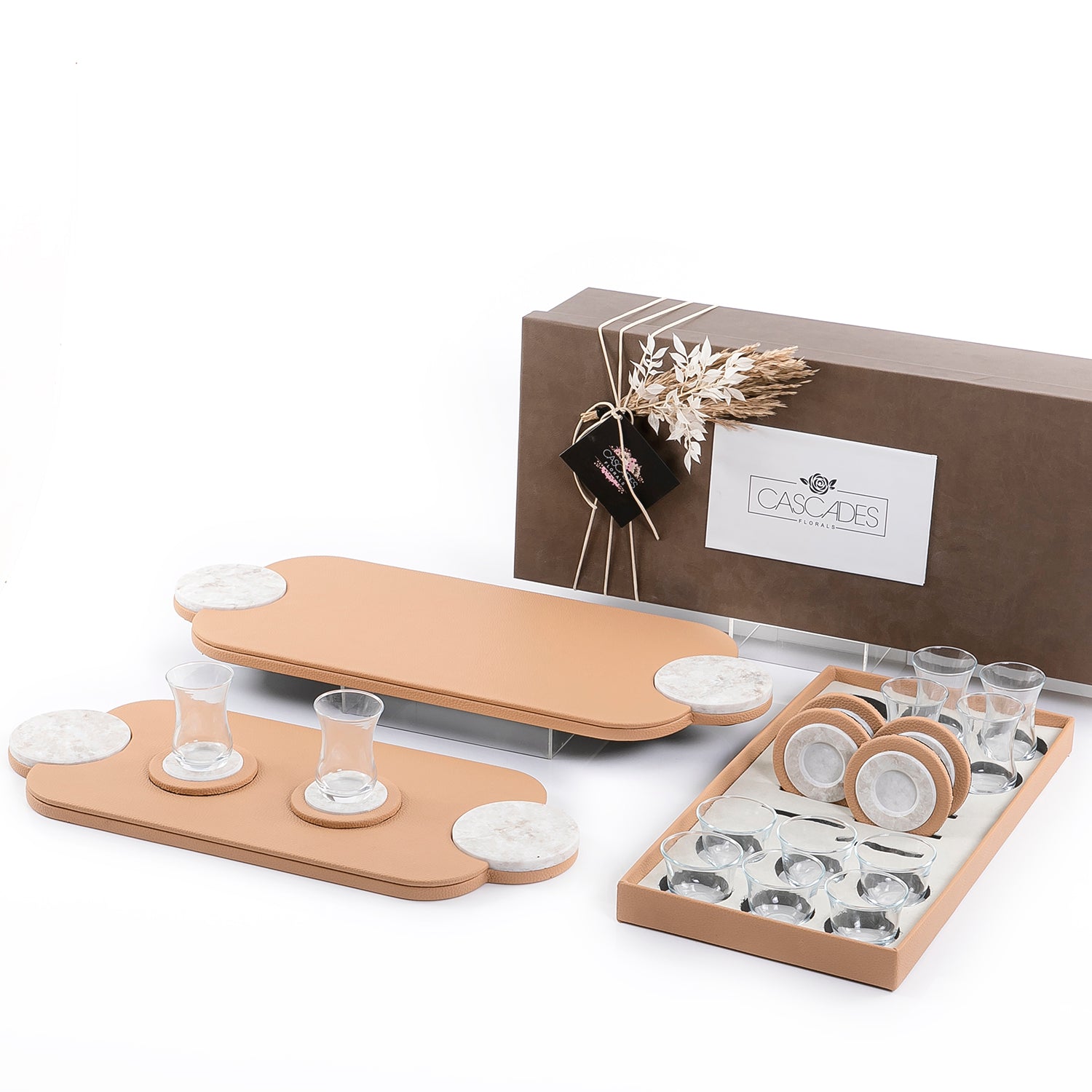 Set of 2 leather trays with cups and coaster with gift box