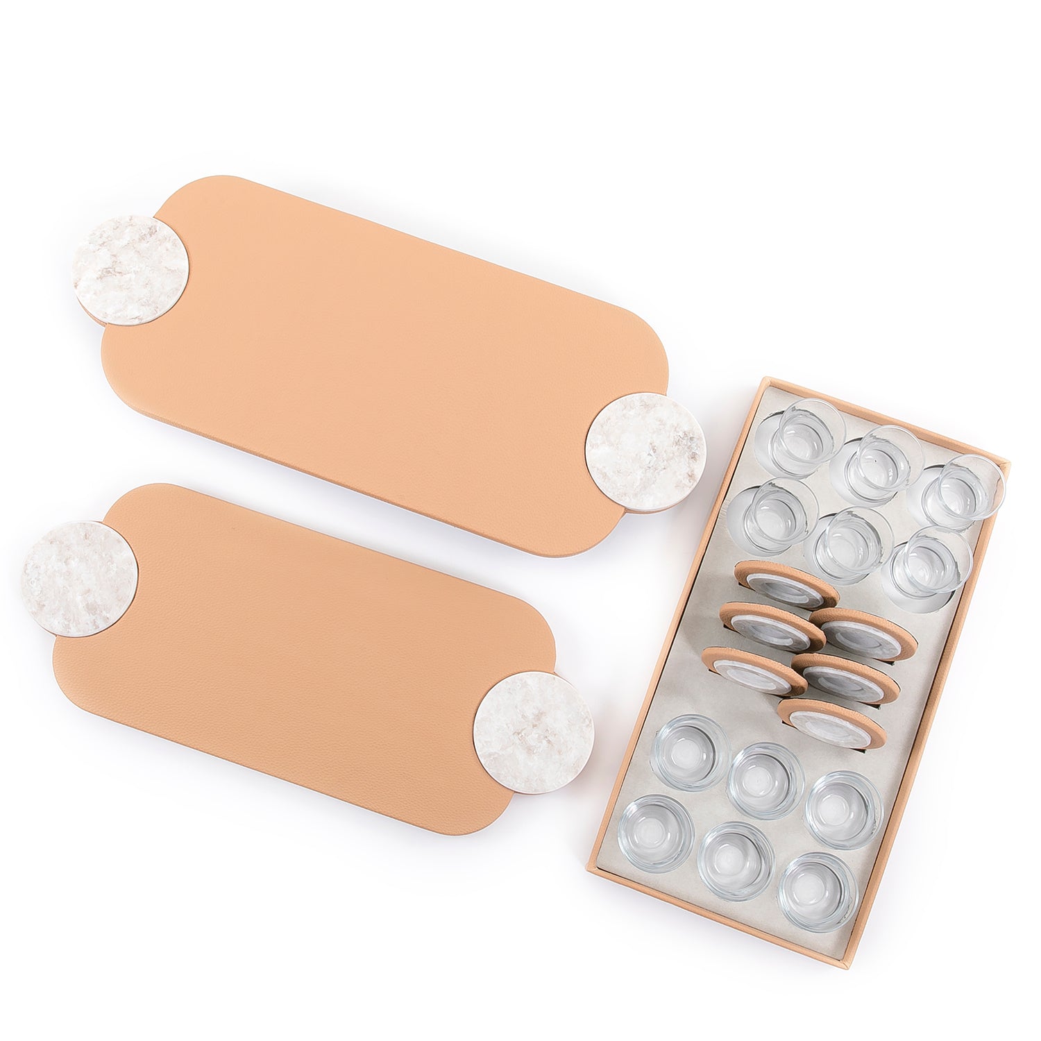 Set of 2 leather trays with cups and coaster with gift box