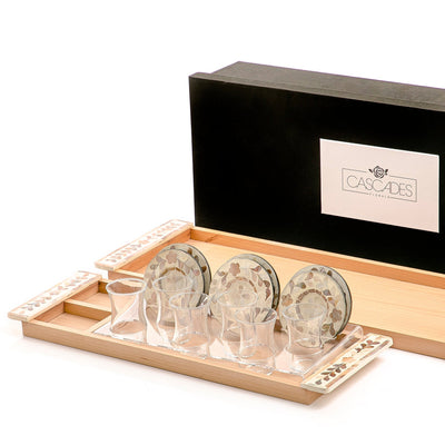 طقم 2 صواني خشبيه مع 6 استكانات وقواعد صدف