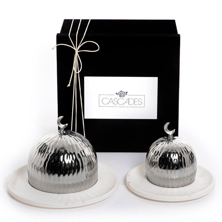Set of 2 marble plates with metal covers and gift box