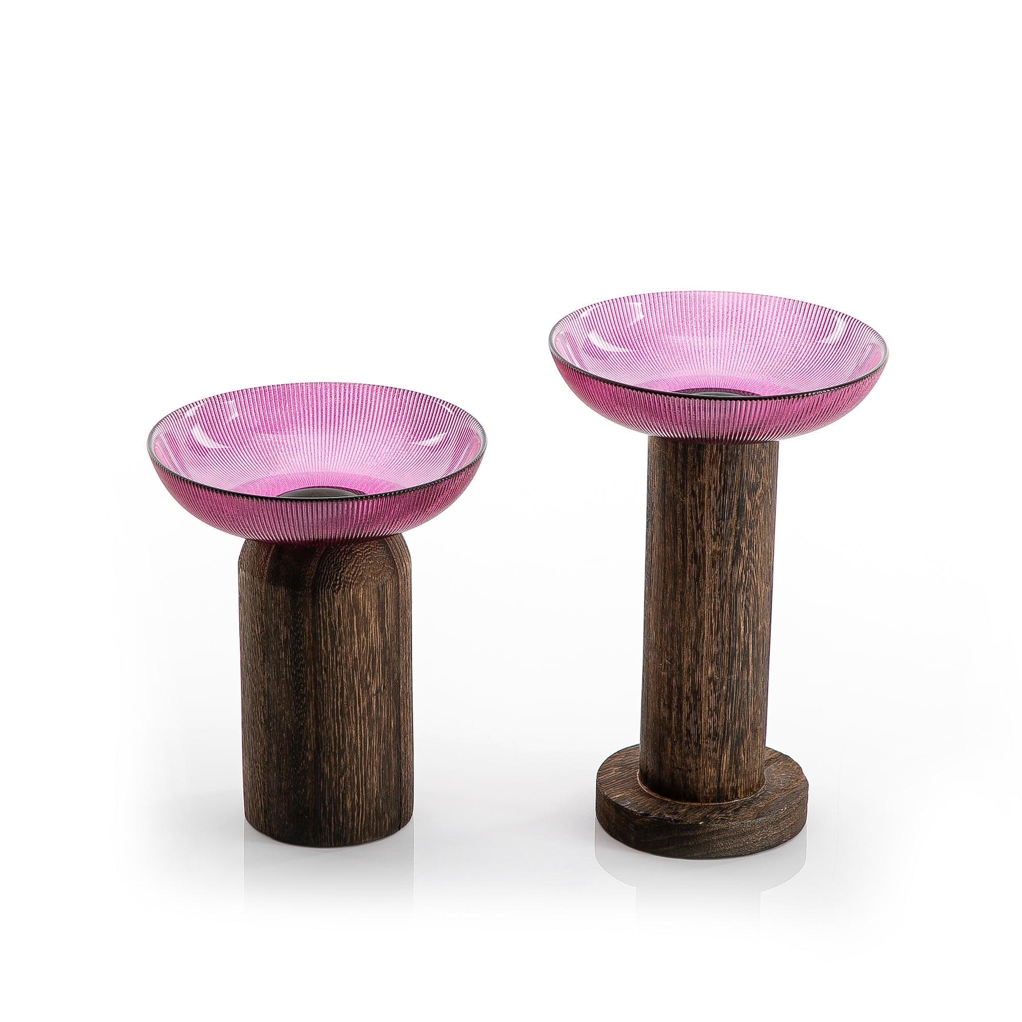 Set of 2 Glass Bowl With Wood Base - CASCADES