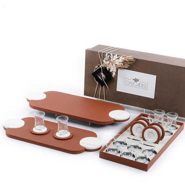 Set of 2 leather trays with cups and coaster with gift box - CASCADES